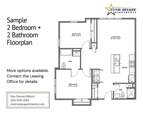 Floor plan for 2 beds, 2 baths, 1073 sqft